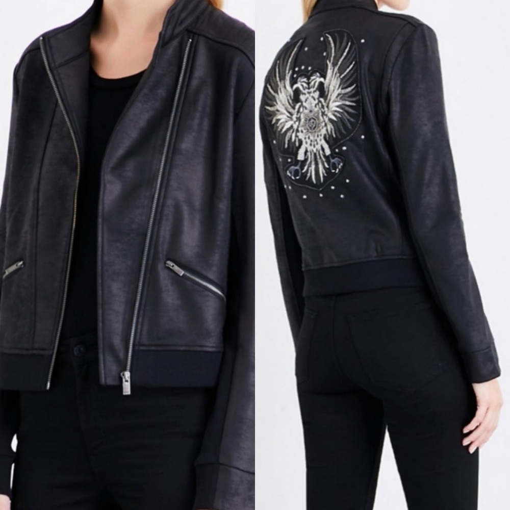 The Kooples Sport Black Moto Biker Jacket With Studded Eagle Women’s Size XS